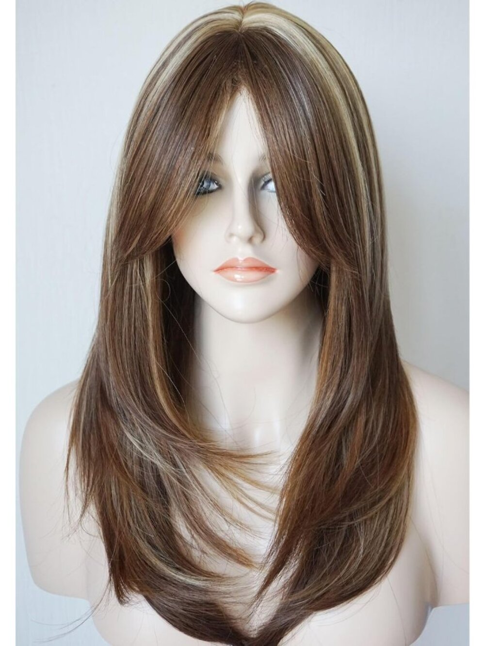 Women's Fashion Brown Blonde Mix Long Layered Shoulder Synthetic Highlight Wigs